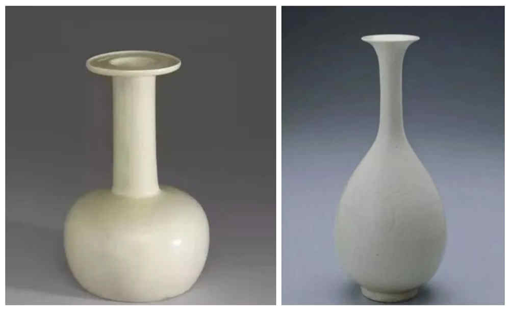 中国台北故宫博物院收藏的定窑盘口纸槌瓶（左）和定窑玉壶春瓶（右）.jpg